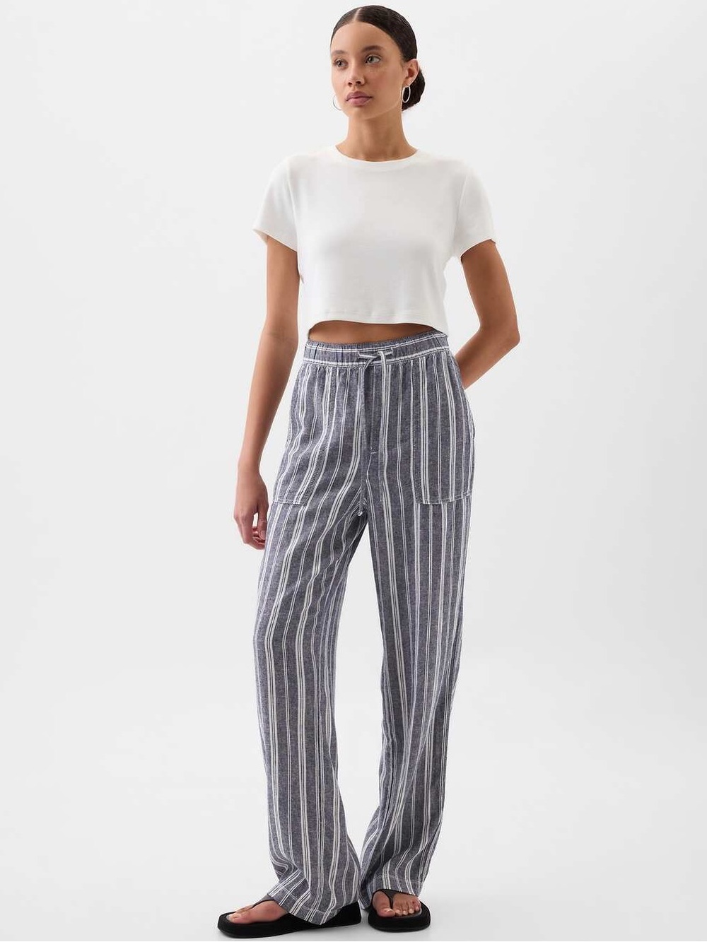 GAP NWT XXL Linen-Blend Wide-Leg Pull-On Pants in Navy Stripe • Coastal Beachy